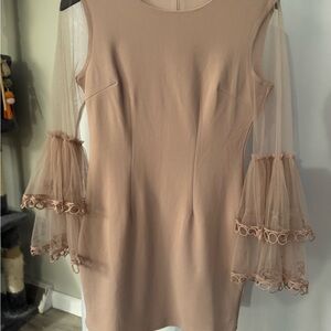 Lina Tan Sheath Dress with Ruffled Bell Sleeves